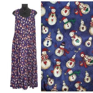 VTG Christmas Kade Collection Snowman Print Button Jumper Dress Sz M Farmhouse